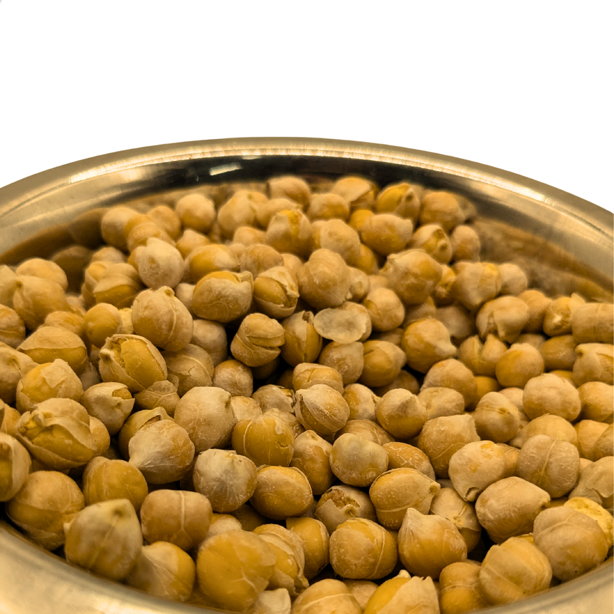 Freeze dried chickpeas filling a metal bowl against a plain white background.