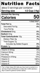 Nutrition facts label for a food product with serving size, calories, and detailed nutritional content.
