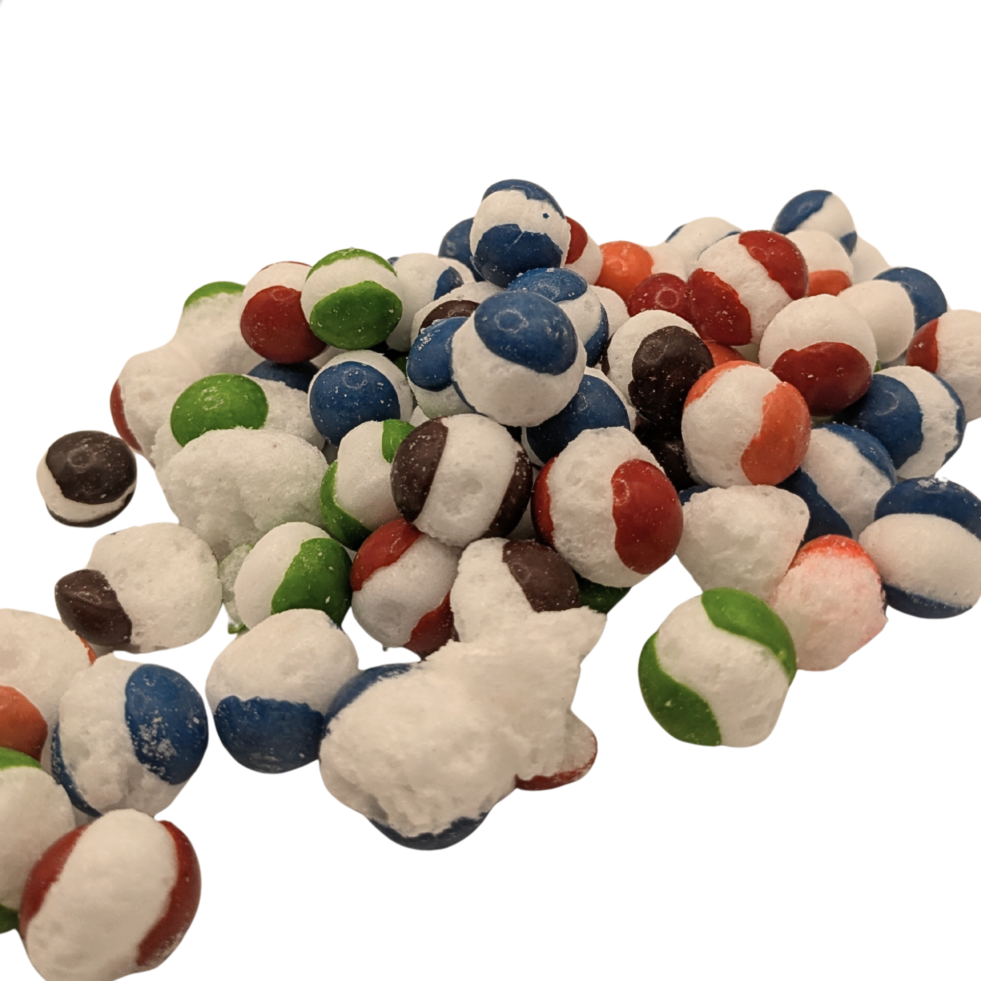 A pile of small round candy, photographed on a plain white background.