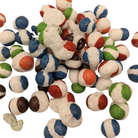 A pile of small candy in red, white, blue, green, and brown on a plain white background.