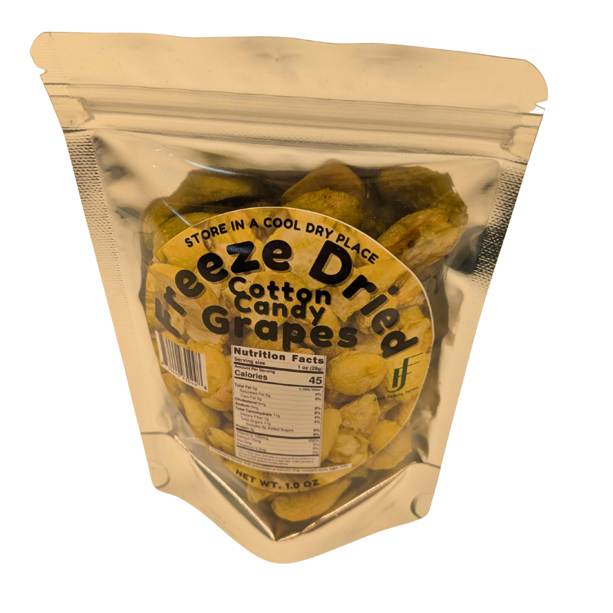 Freeze dried cotton candy grapes in a small pouch