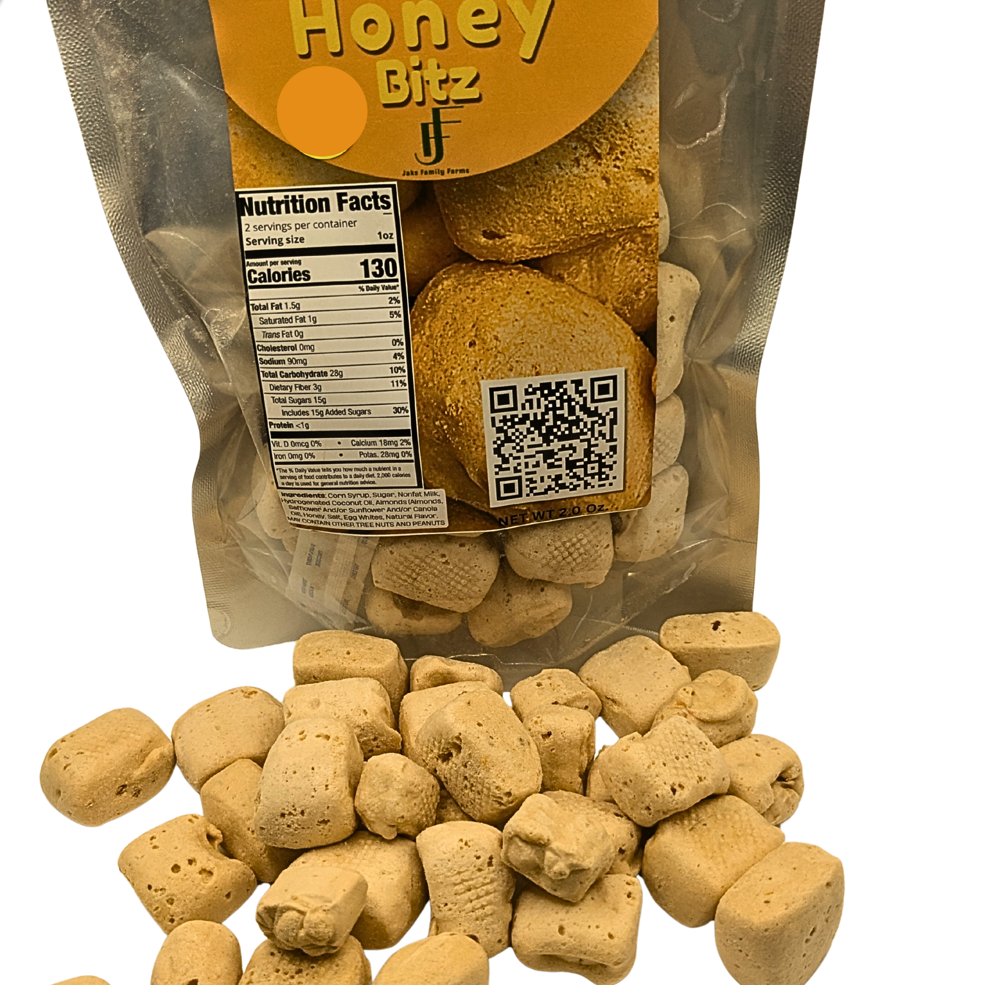 Bag of Honey Bitz with the candy in front on a white background