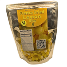 A stand-up pouch of freeze dried lemon bits candy, featuring a yellow label with the text 'Freeze Dried Lemon Bitz' and a QR code, shown against a plain white background.