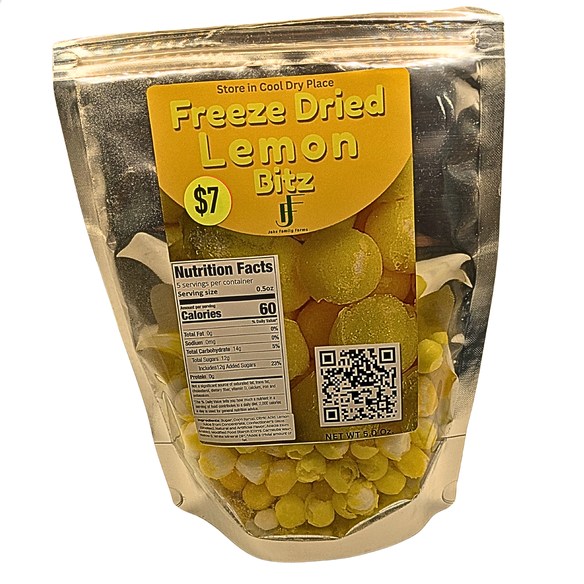 A stand-up pouch of freeze dried lemon bits candy, featuring a yellow label with the text 'Freeze Dried Lemon Bitz' and a QR code, shown against a plain white background.