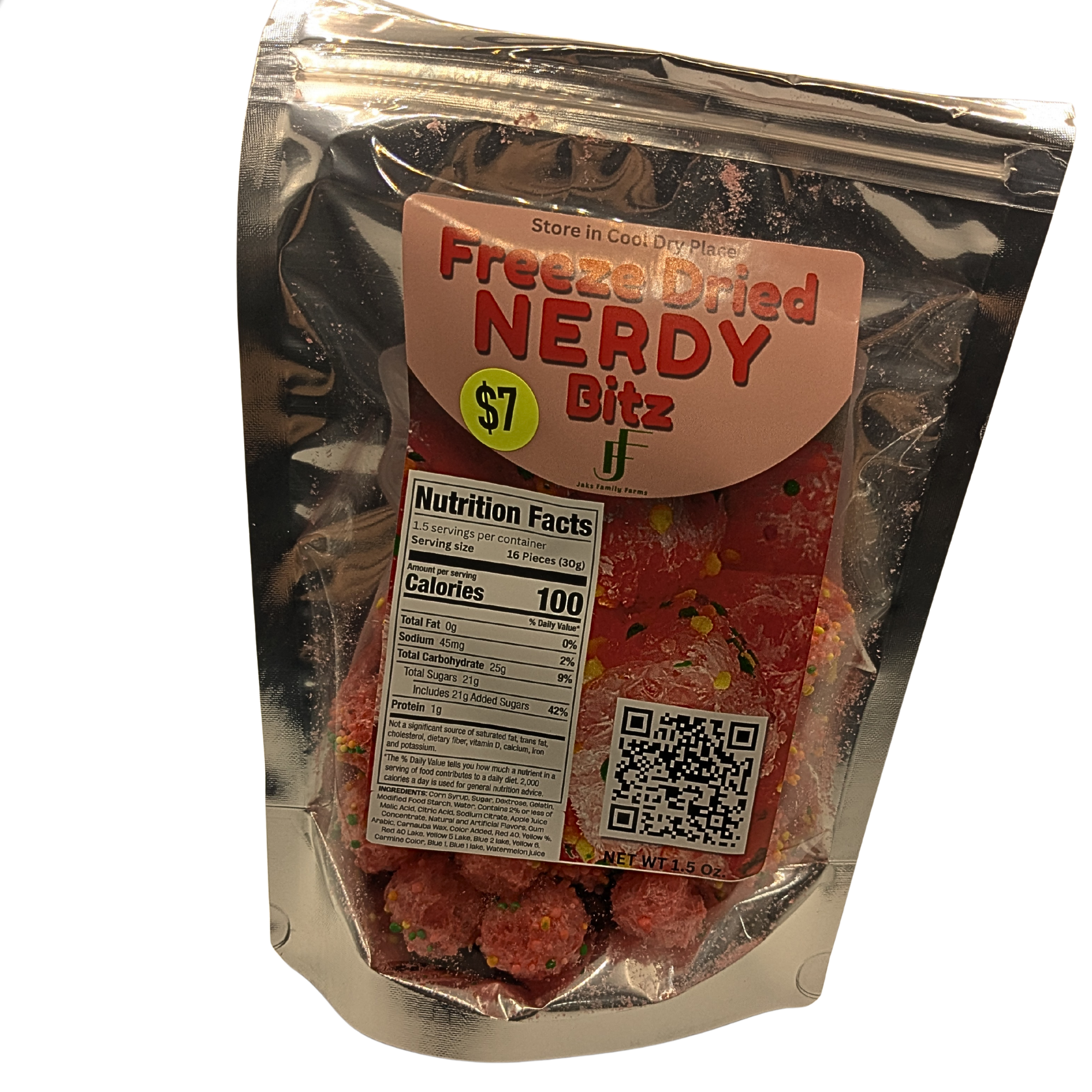 A silver resealable pouch of Freeze Dried Nerdy Bitz, featuring a pinkish-orange label with red text, a yellow '$7' sticker, and a QR code, set against a plain white background.