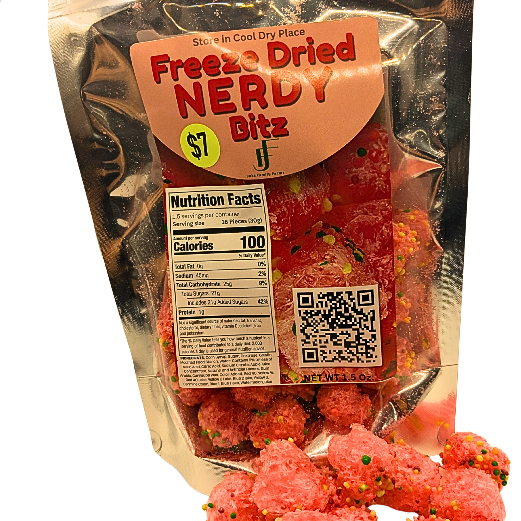 A bag of Nerdy Bitz Freeze Dried candy with a peach-colored label and a nutrition facts panel, shown on a white background with some candy pieces spilled in front.