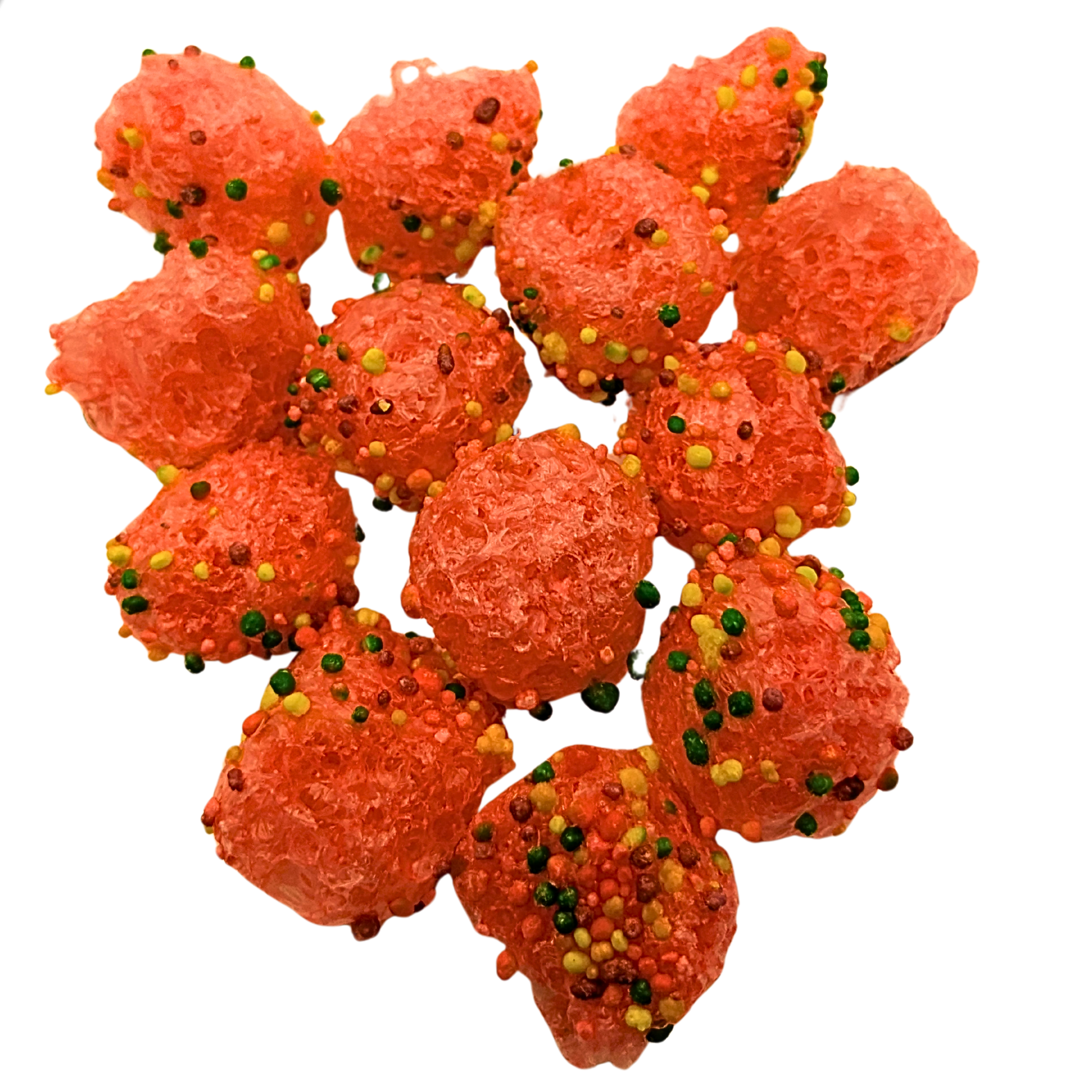 A pile of bright orange-red sugar-coated candy balls, each topped with small multicolored sprinkles, shown on a plain white background.