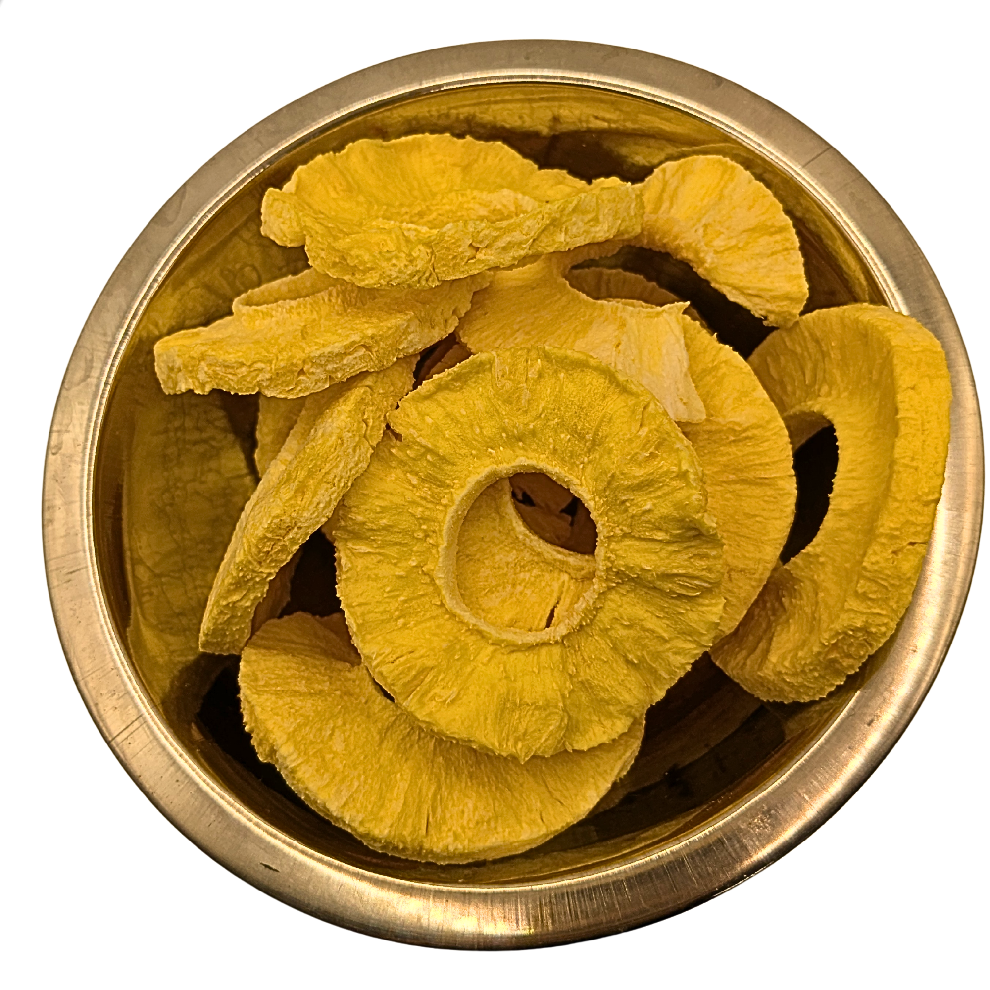 Yellow freeze dried pineapple slices piled inside a round metallic bowl on a plain white background.