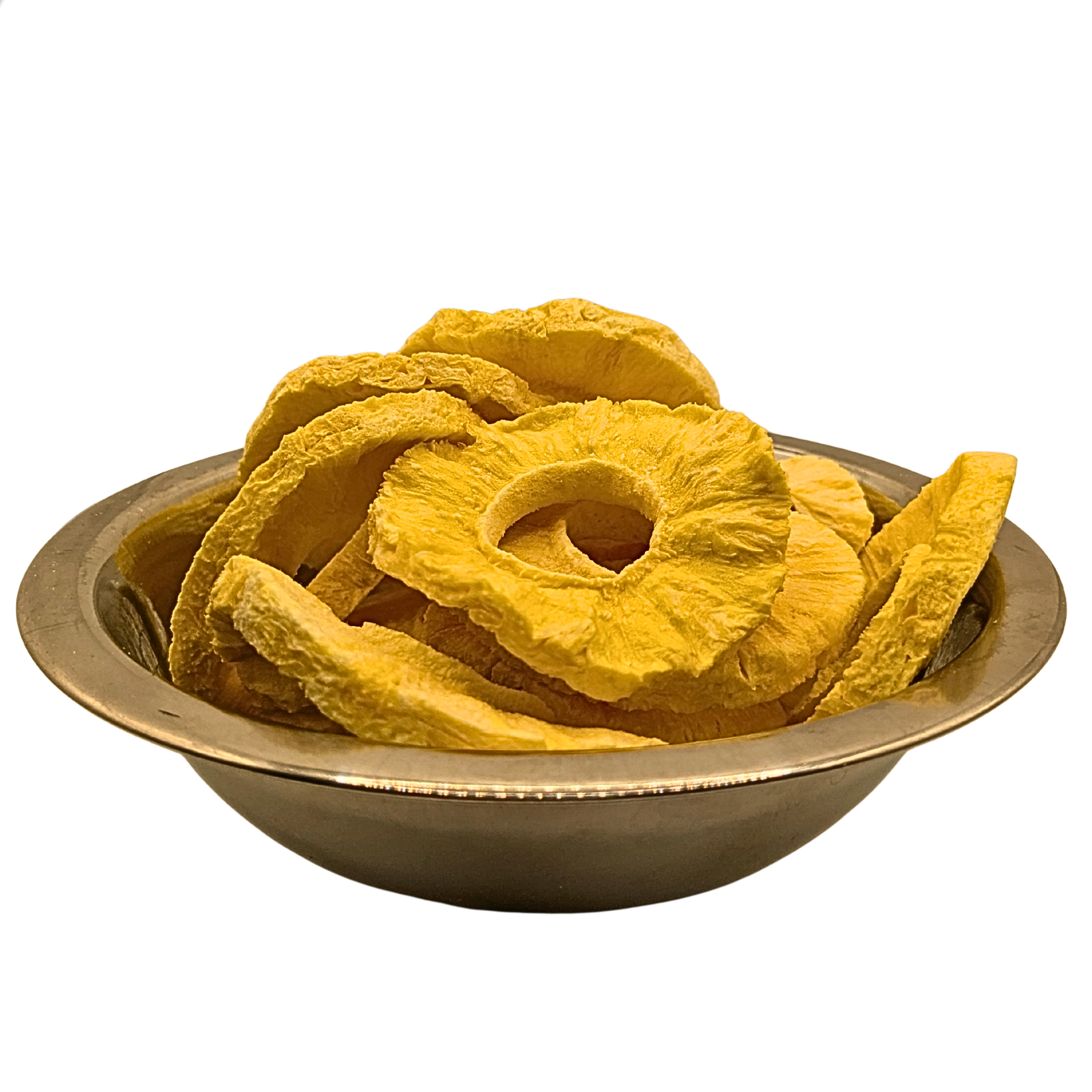 Yellow freeze dried pineapple slices piled in a round metallic bowl on a plain white background.