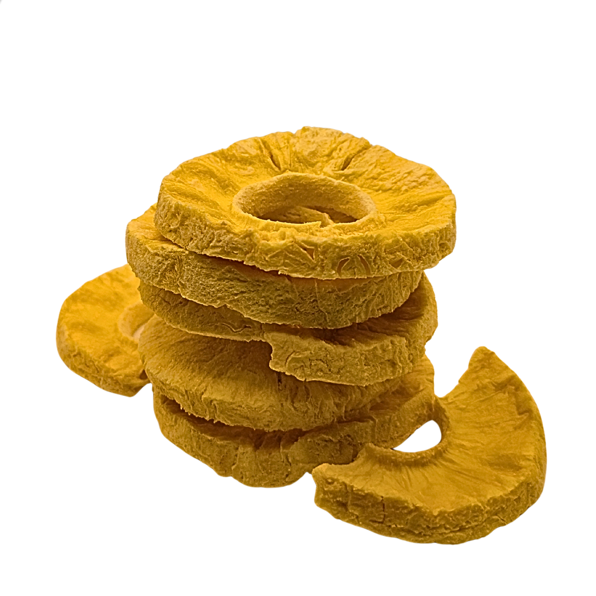 A stack of freeze dried pineapple slices in a golden-yellow color, isolated on a white background.