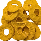 A pile of freeze dried pineapple rings with a textured, fibrous texture in a vibrant golden-yellow color, isolated on a white background.