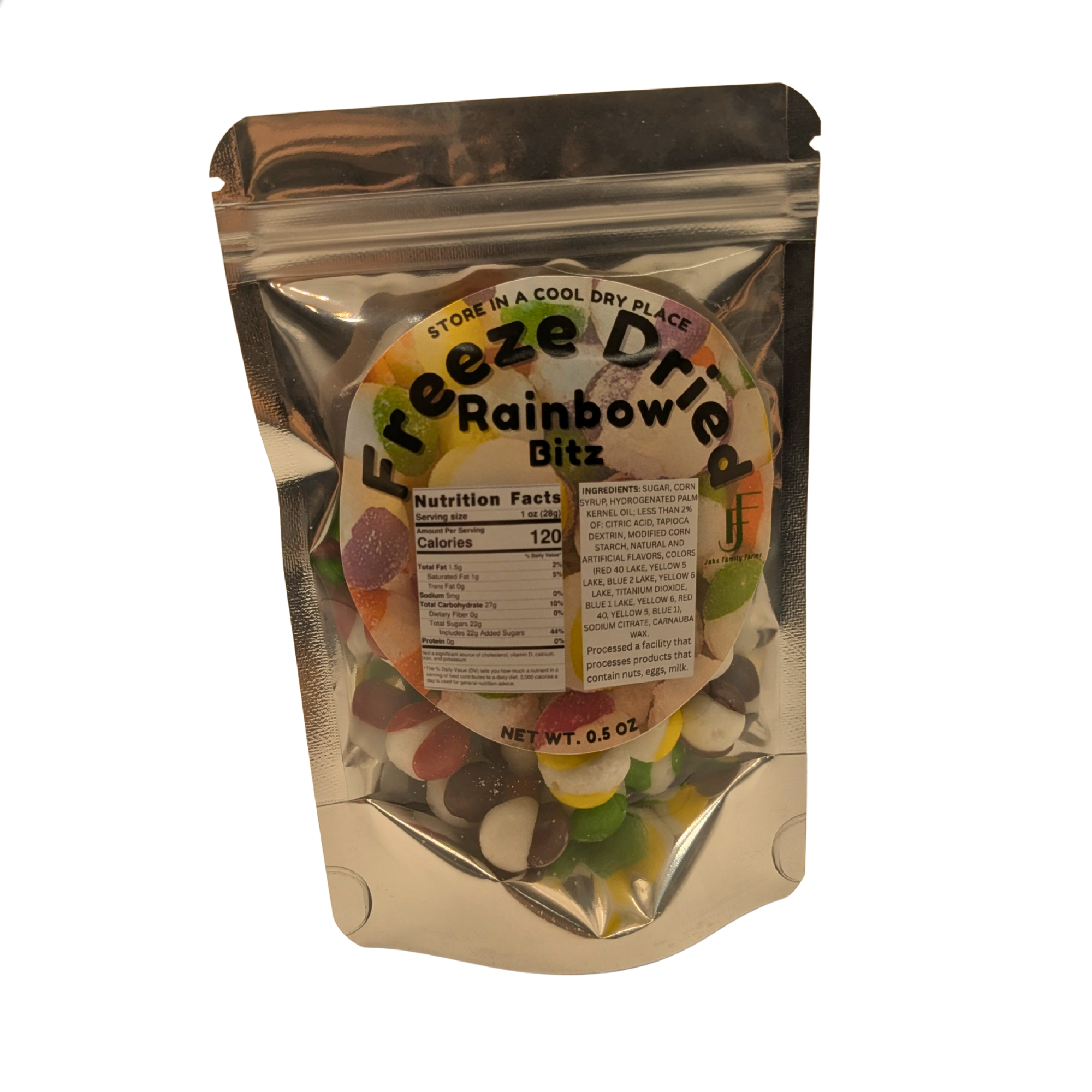 A 0.5oz metallic resealable bag of Freeze Dried Rainbow Bitz