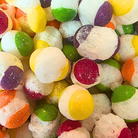 Freeze dried rainbow candy, which has different colored shells that burst out white in the center
