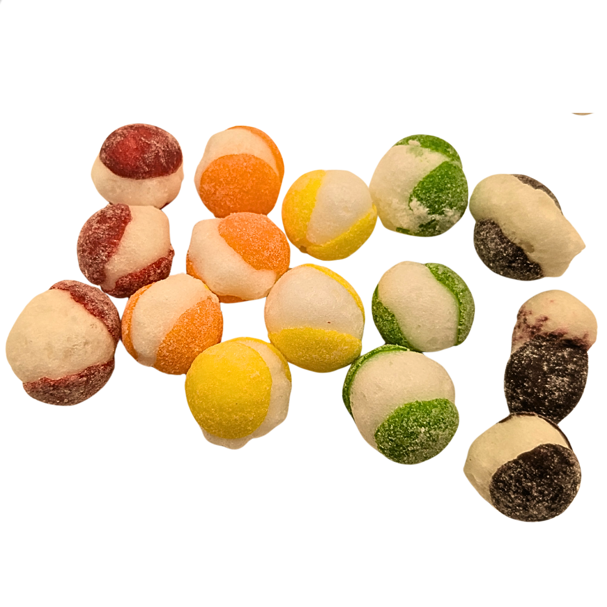Five flavors of Sour Bitz with red, orange, yellow, green, and dark purple