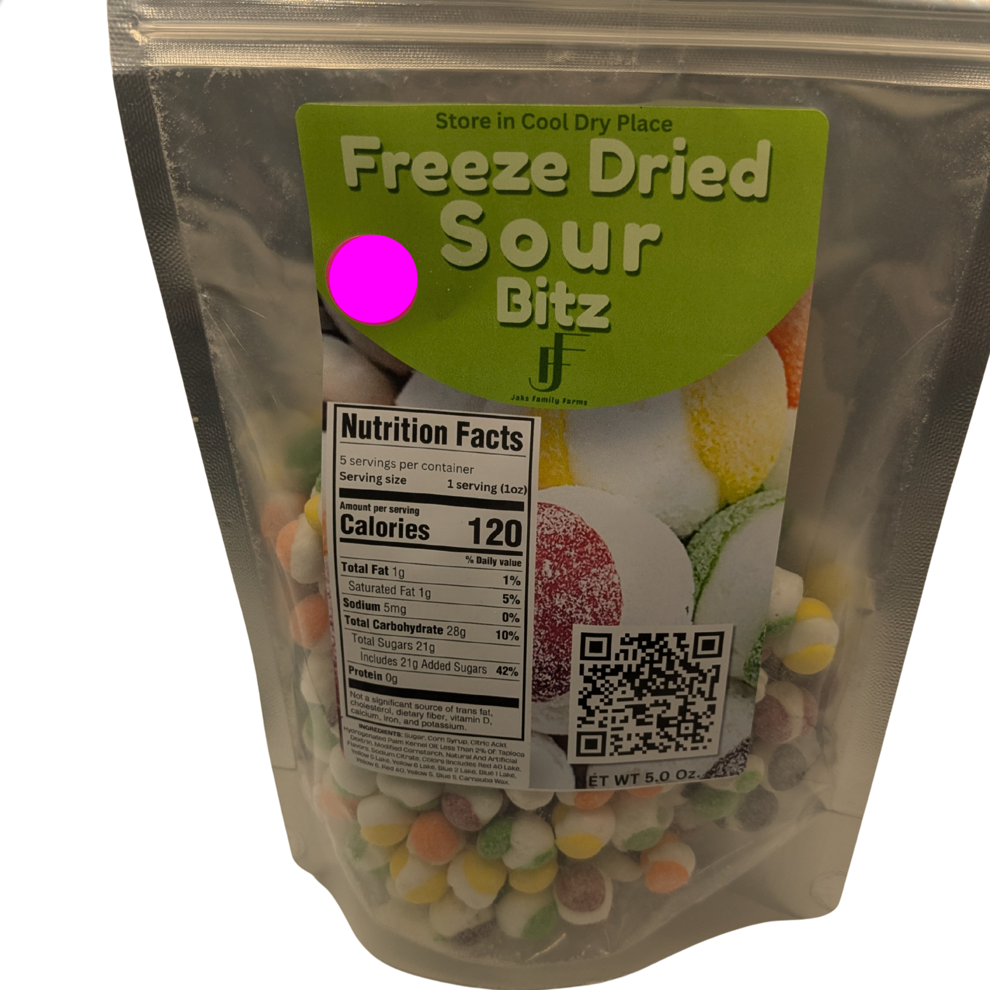 A stand-up pouch of Freeze Dried Sour Bitz candy, showing the front label with product name, nutrition facts, QR code, and visible multicolored freeze-dried candies inside a clear resealable pouch.