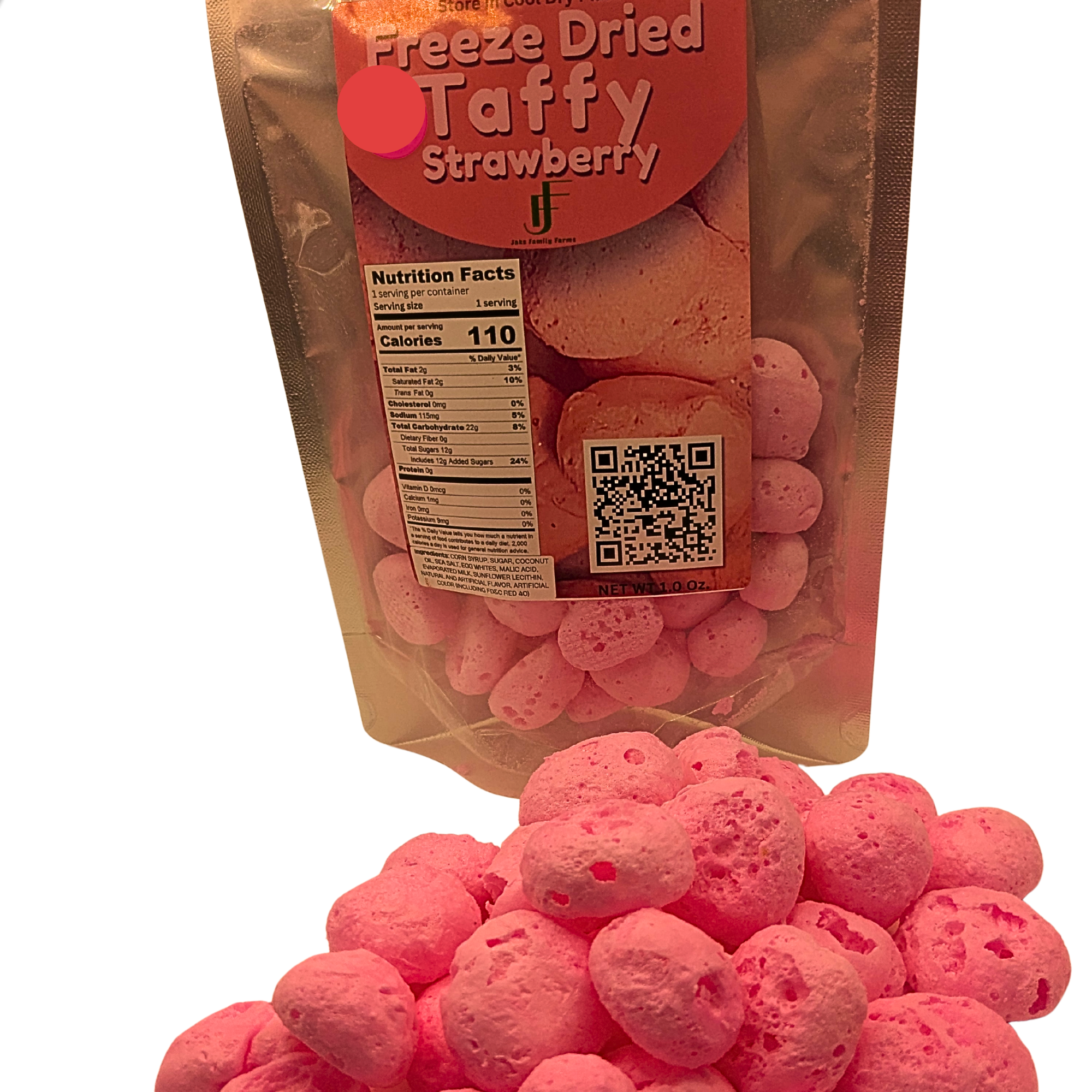 Package of Freeze Dried Strawberry Taffy with a pile of freeze dried taffy in front on a white background