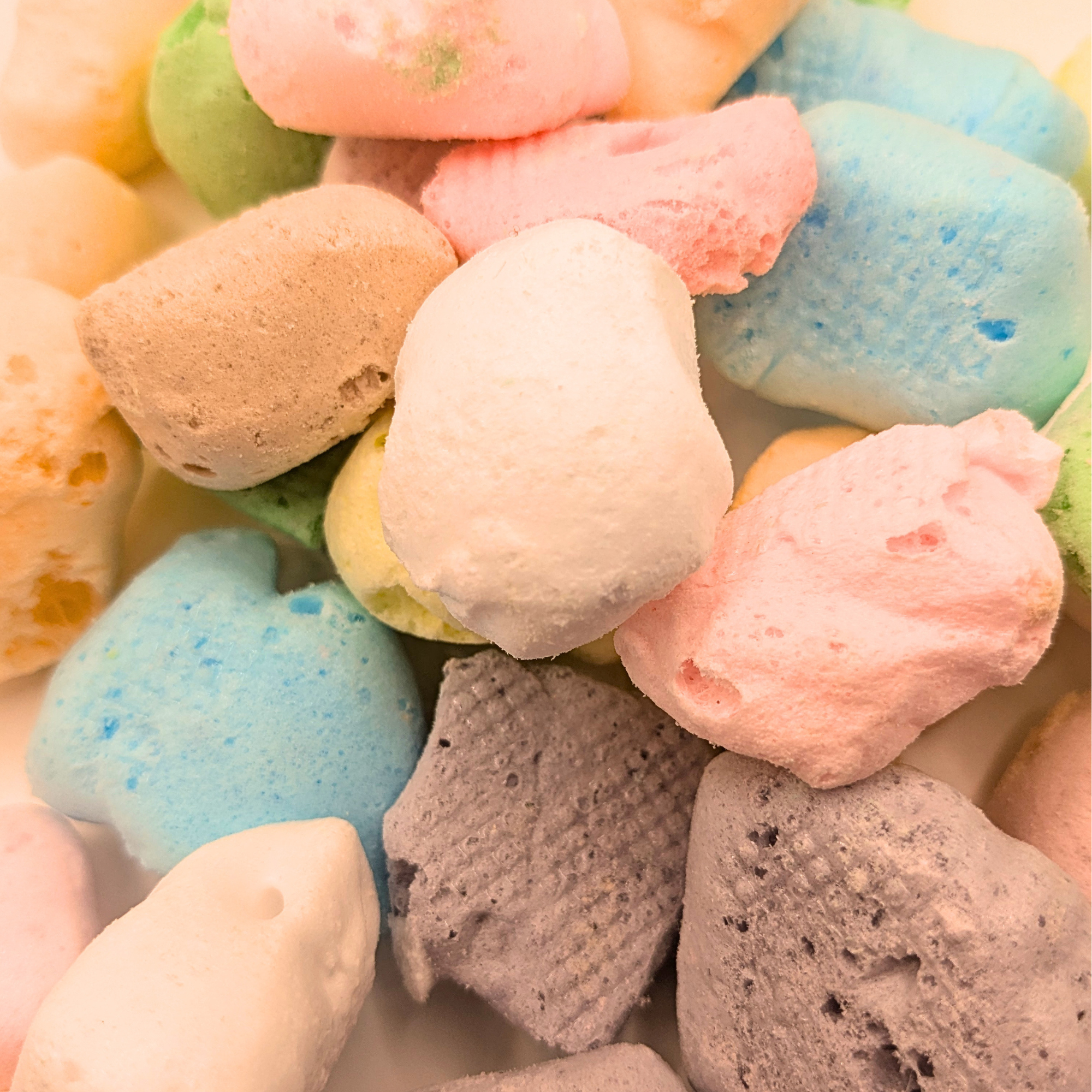 Close-up of freeze dried sugar free taffy in different flavors
