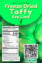 A product label for John's Family Farms Freeze Dried Taffy Key Lime, featuring a bright green background with a close-up photo of freeze-dried taffy. The label includes product name, nutrition facts, ingredients, a QR code, and storage instructions.