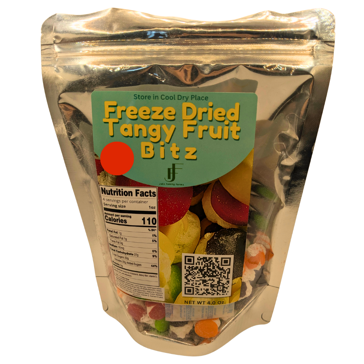 A 4 oz stand-up pouch of Freeze Dried Tangy Fruit Bitz, featuring a metallic silver foil bag with a green label and a clear window showing the colorful freeze-dried fruit pieces inside.