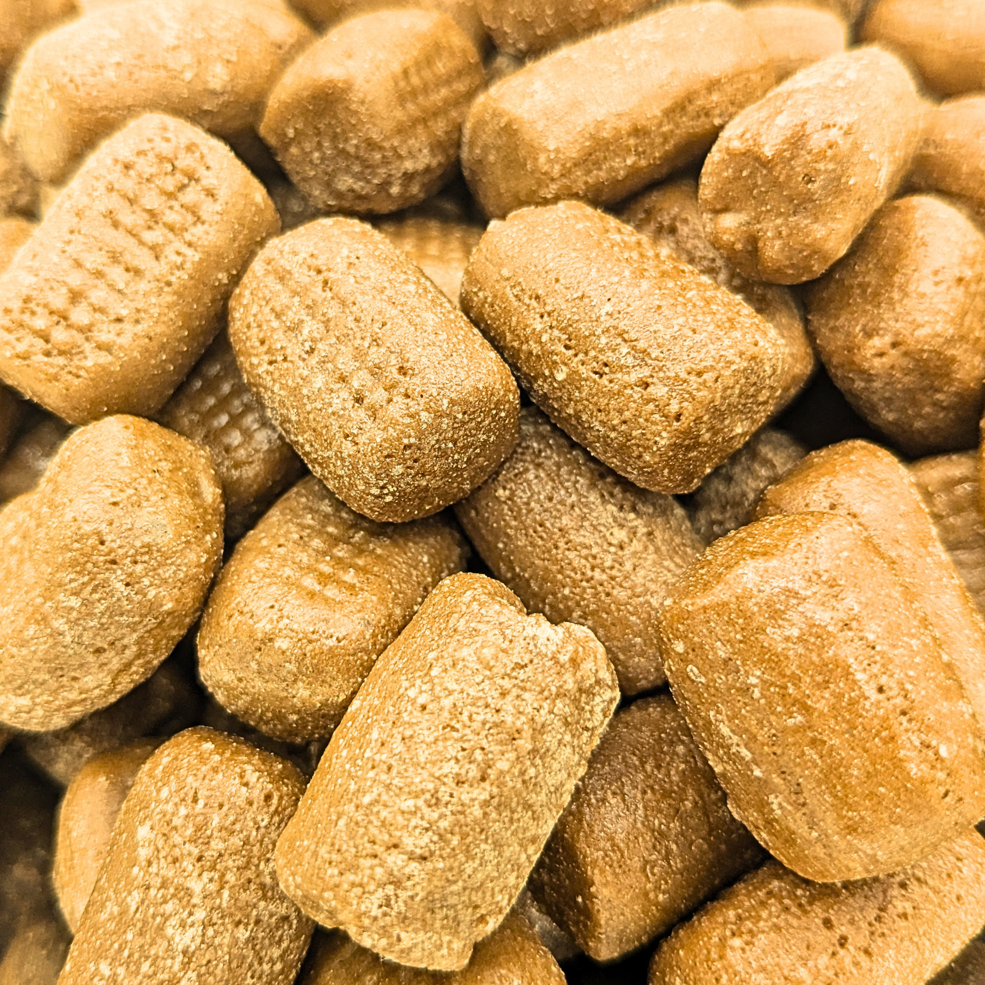 A close-up pile of Tootsy Bitz, which are cylindrical chocolate candy 