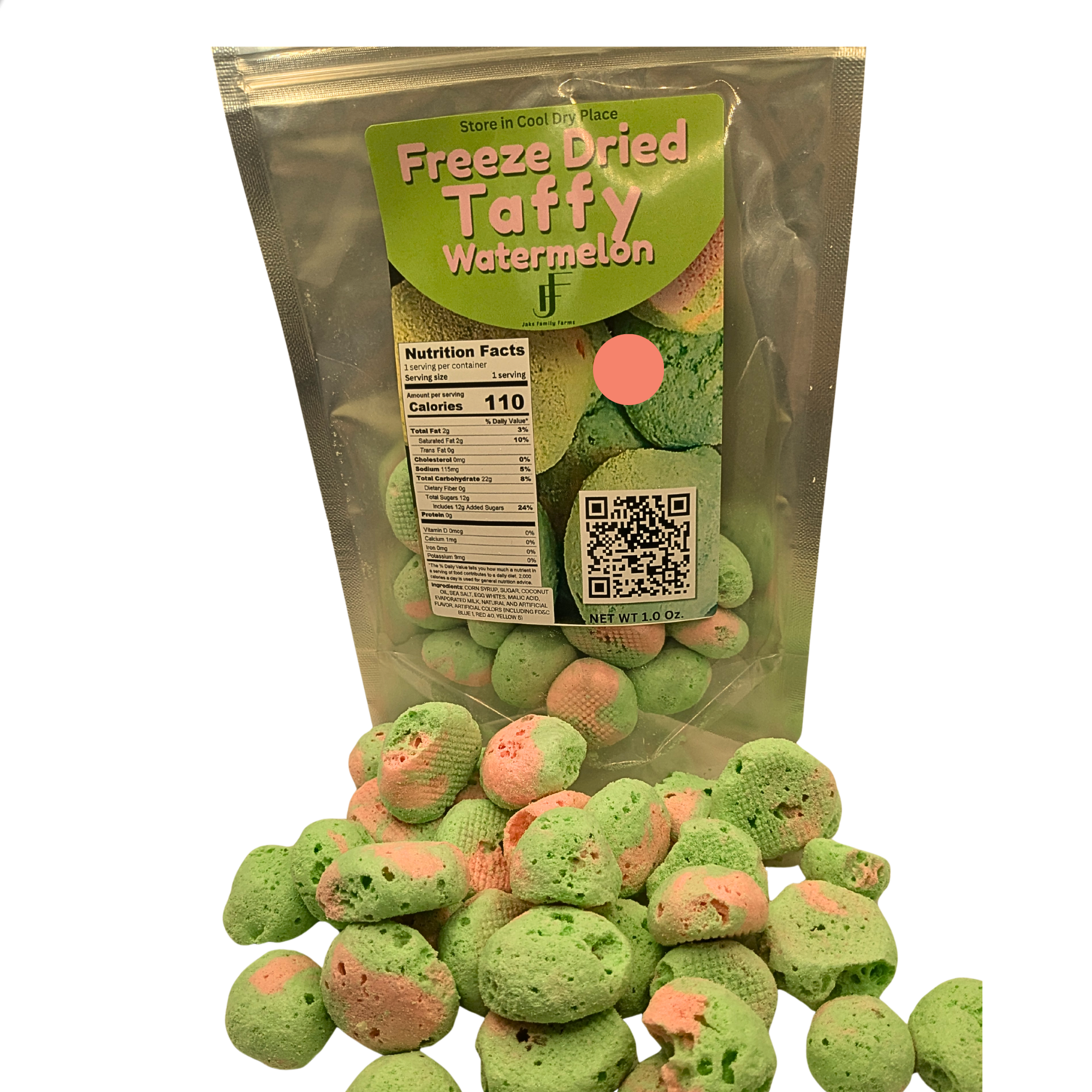 Bag of freeze dried watermelon taffy with candy piled in front