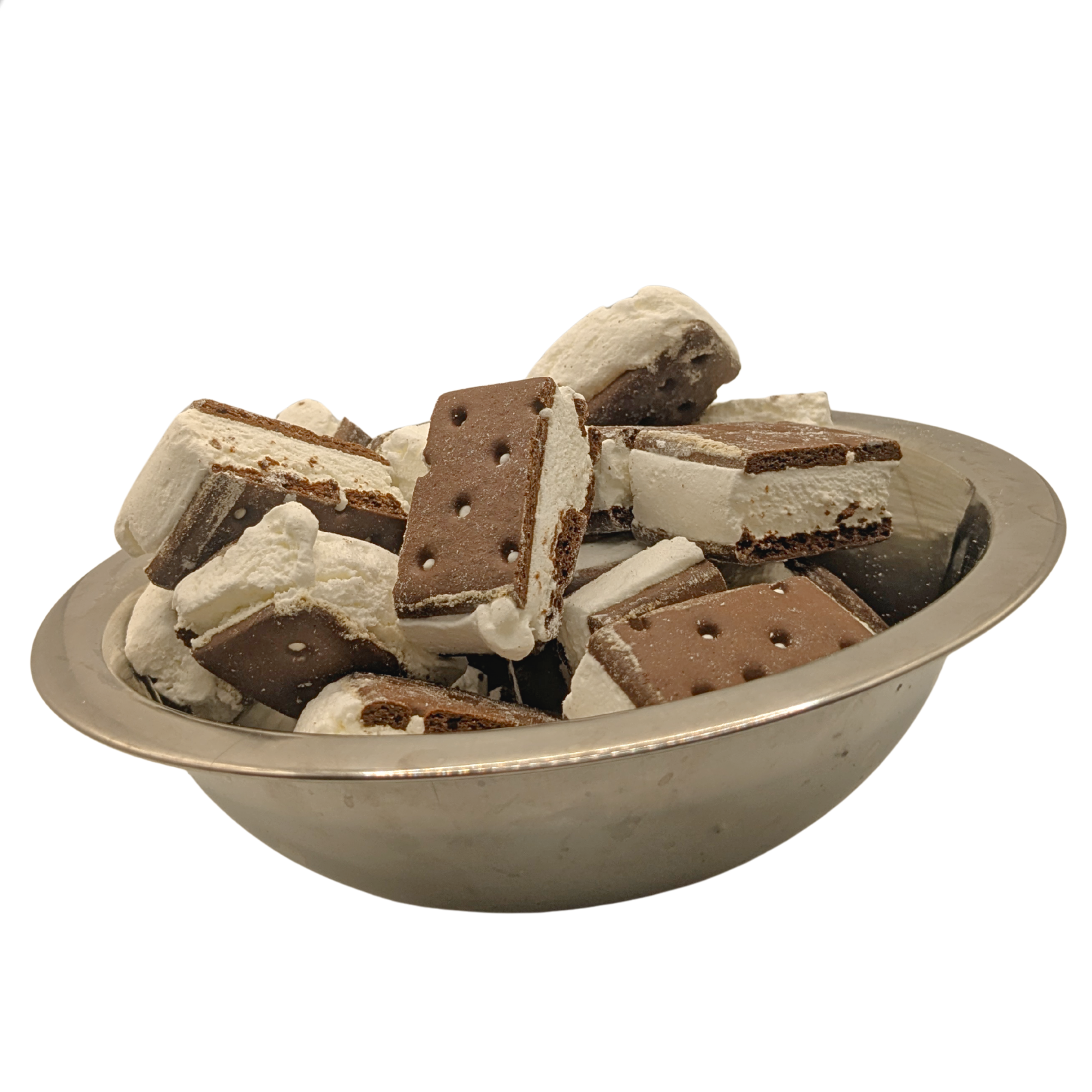 A metal bowl filled with chocolate ice cream sandwich cookies on a plain white background.