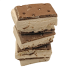 A stack of four chocolate ice cream sandwich cookies on a plain white background.