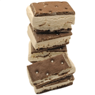 Six stacked chocolate ice cream sandwiches on a plain white background.