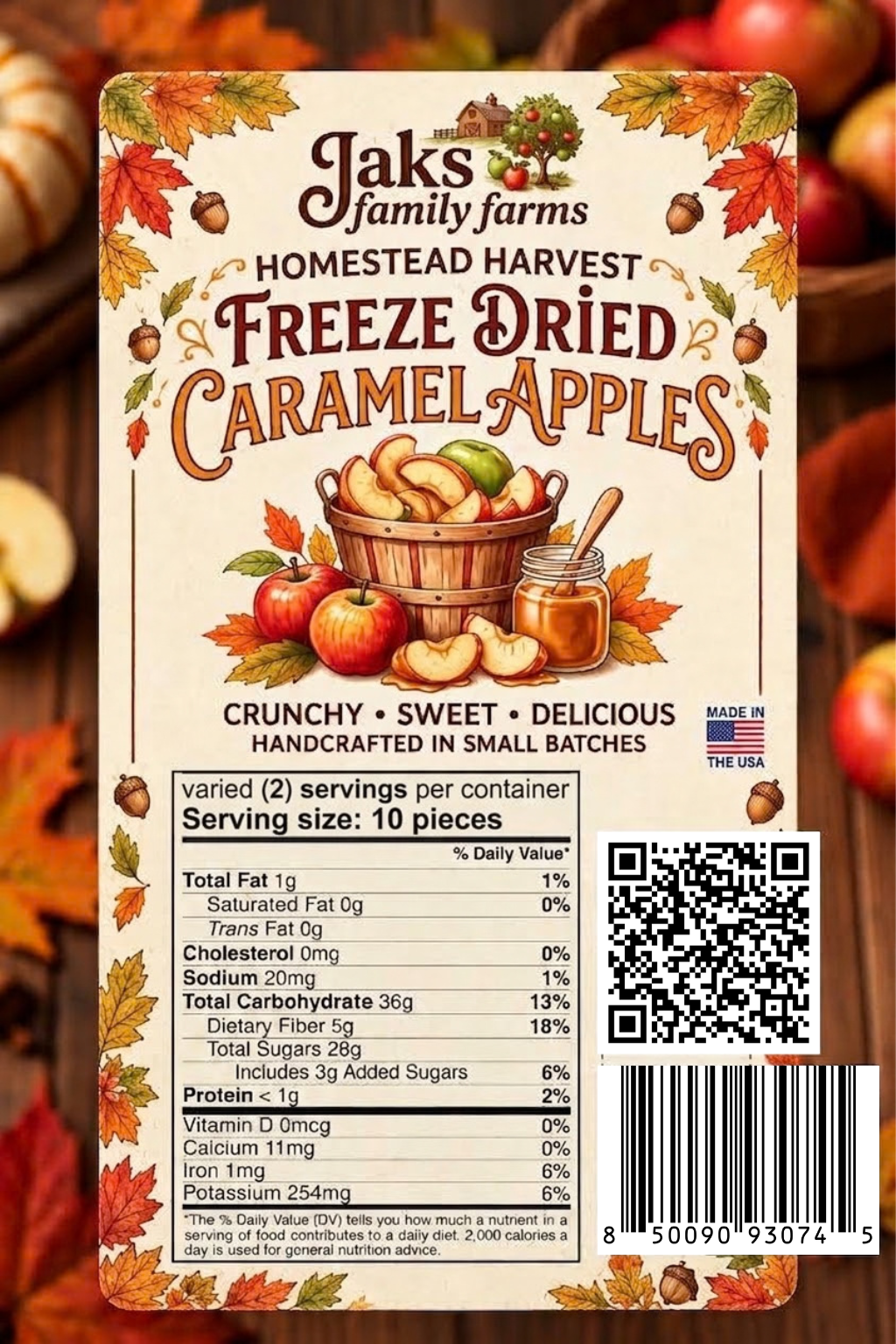 Label for Freeze Dried Caramel Apples from Jaks Family Farms