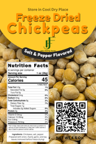 Front packaging label for Freeze Dried Chickpeas from Jaks Family Farms, featuring a yellow header, chickpea photo background, nutrition facts, ingredients, and a QR code.