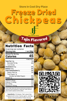 A product label for Jake Family Farms Freeze Dried Chickpeas, Tajin Flavored. The label features a yellow top section with the product name in large orange text, a background of freeze-dried chickpeas, a nutrition facts panel, a QR code, and a 'Store in Cool Dry Place' instruction.