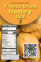 Packaging of freeze-dried honey bits with nutritional information and QR code on an orange background.