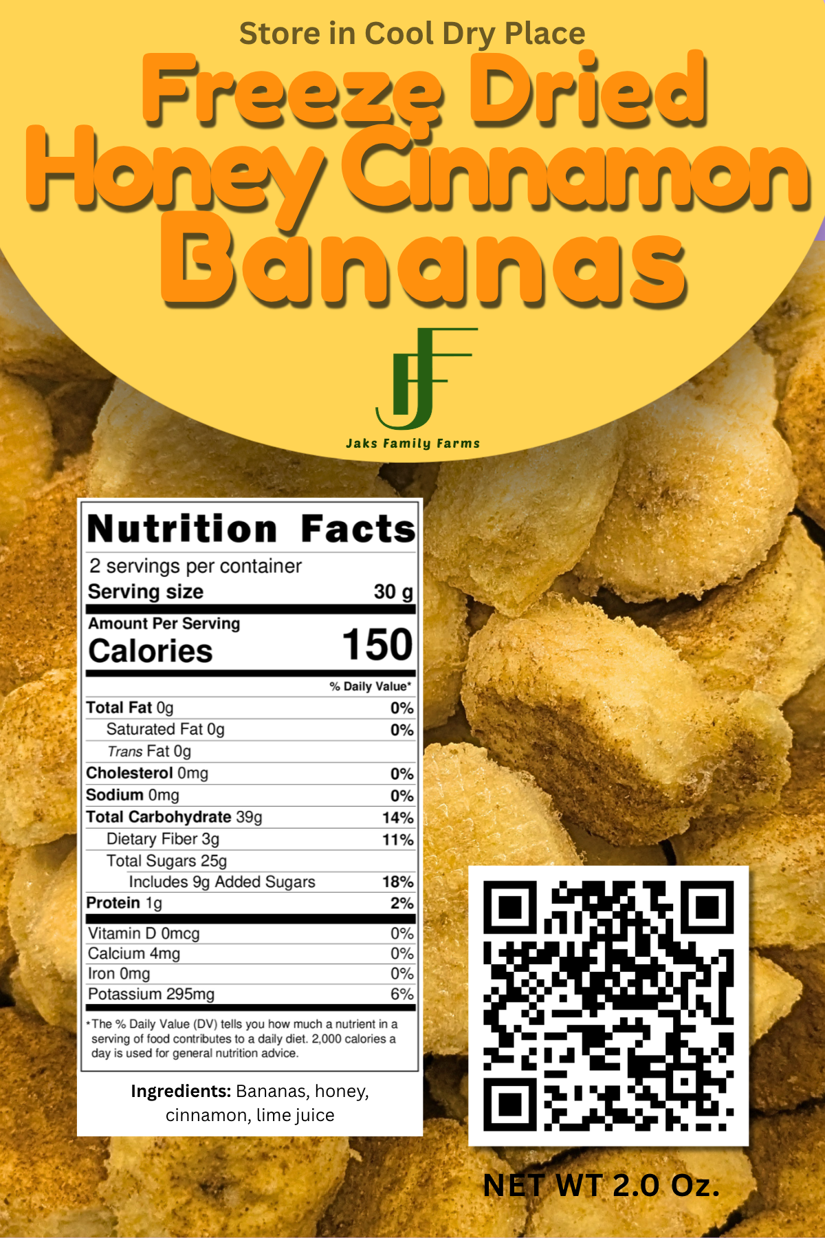 Freeze-dried honey cinnamon bananas with nutrition label and QR code