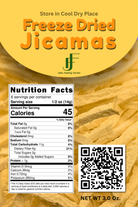 Freeze-dried jicama packaging with nutrition facts and QR code on a yellow background