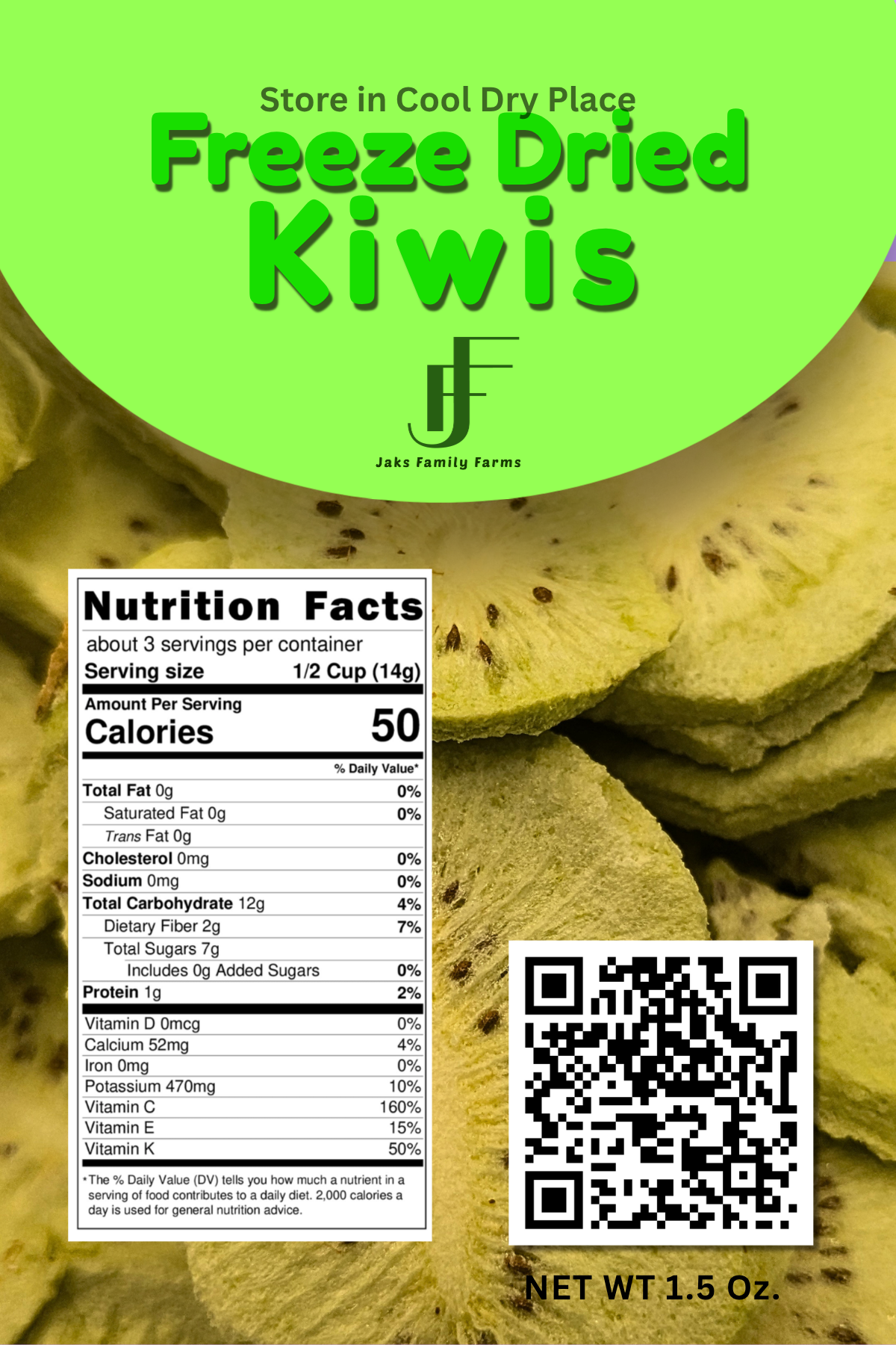 Freeze-dried kiwi packaging with nutritional information and QR code on a green background