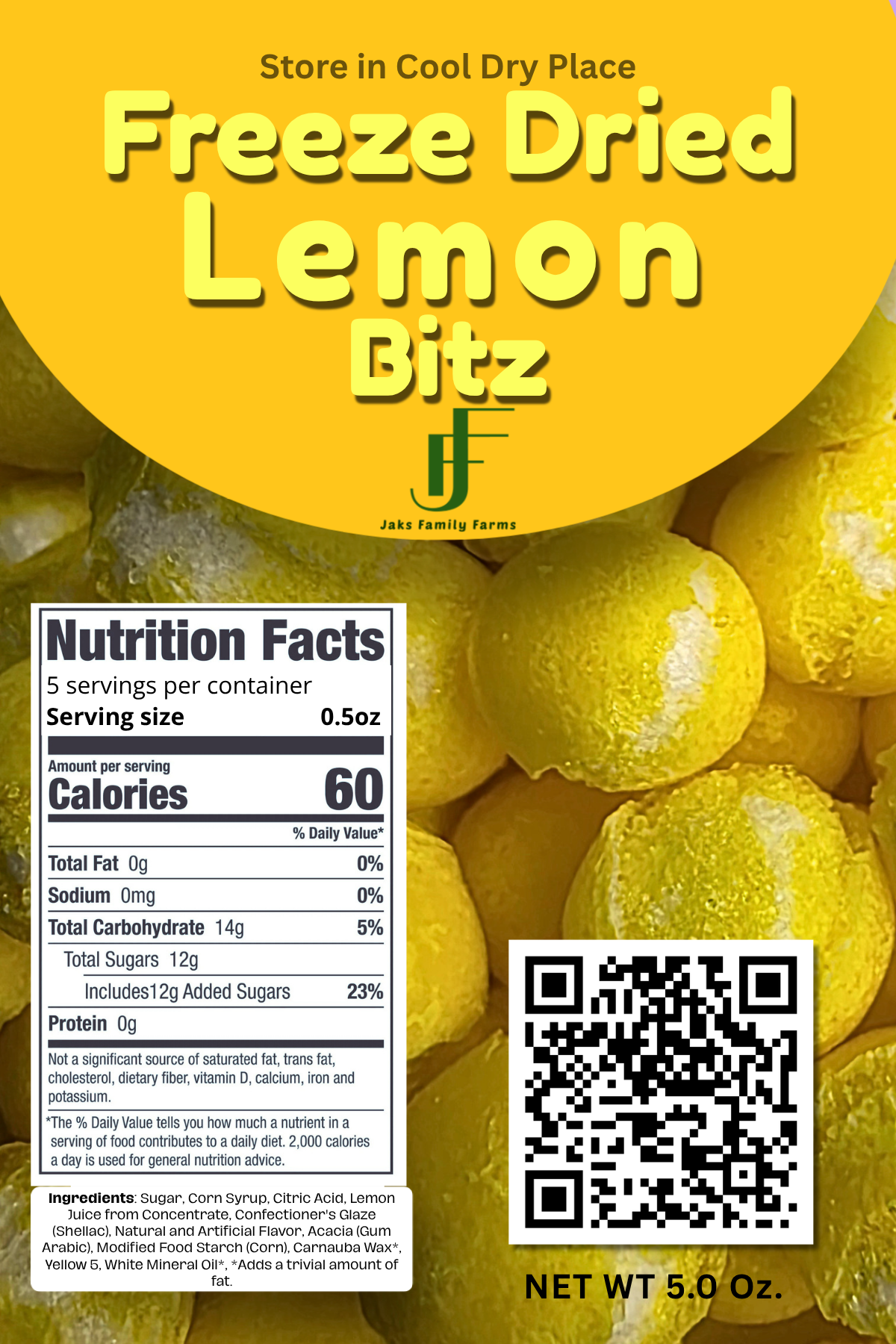 Label for freeze-dried lemon bits with nutrition facts and QR code on a yellow background