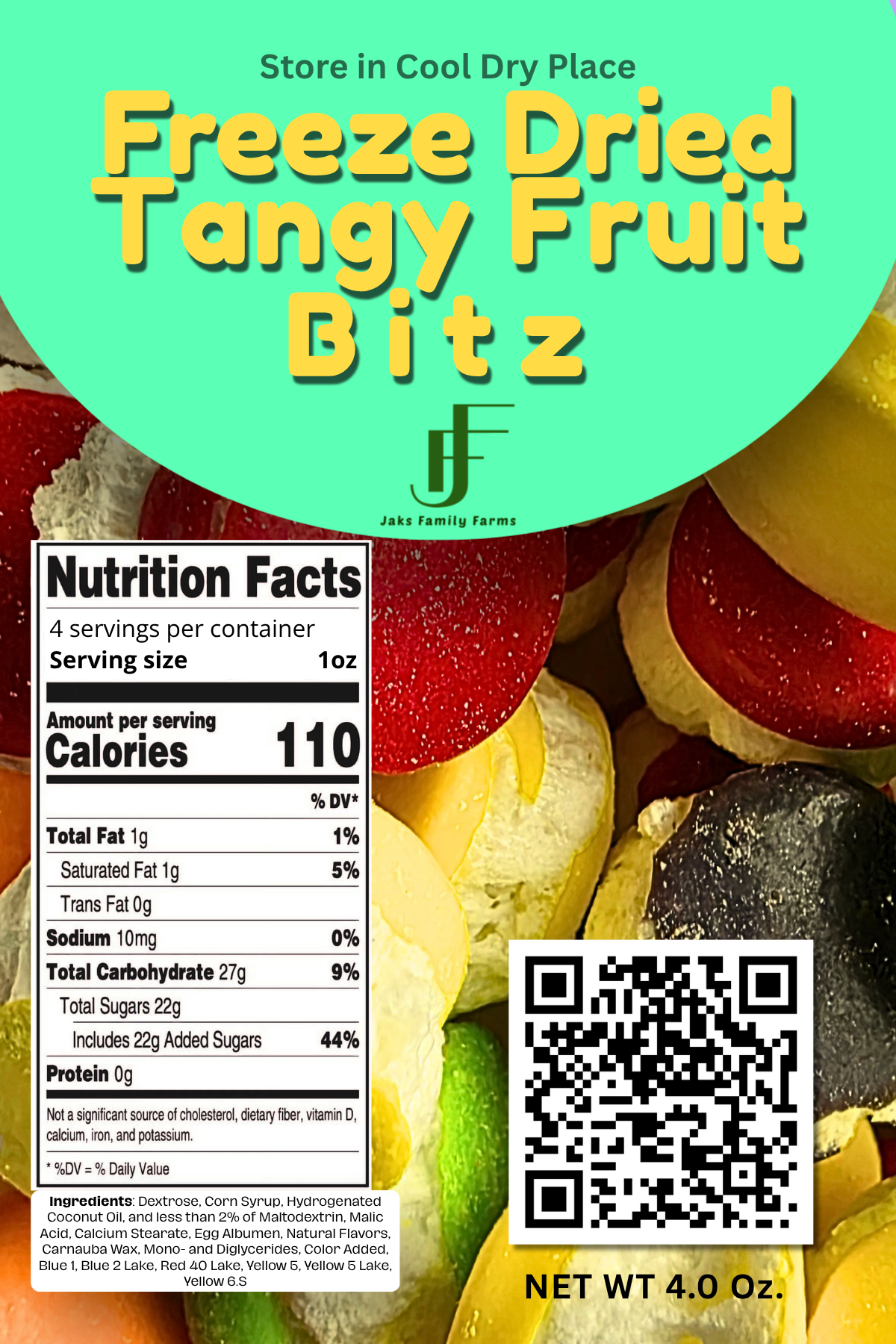 Label for freeze-dried tangy fruit bits with nutritional information and QR code.