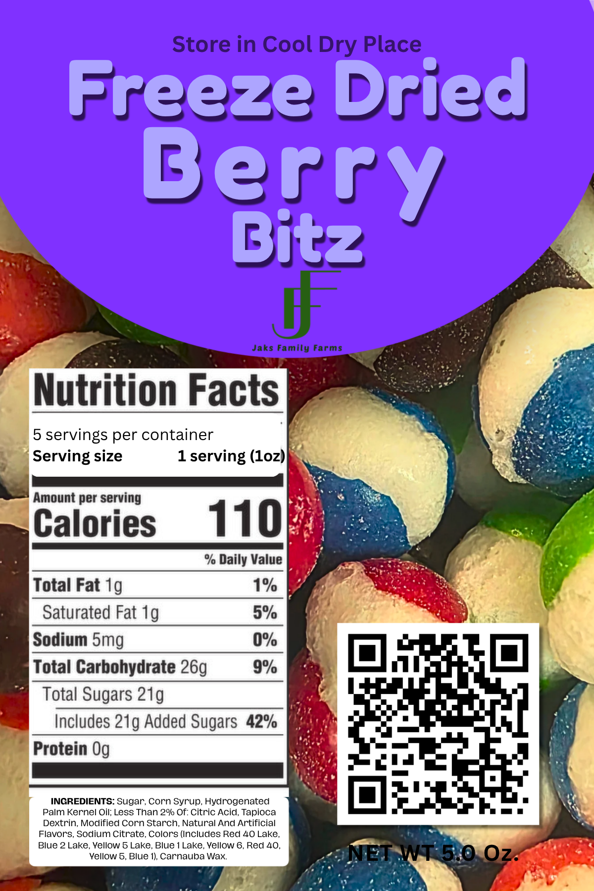 Packaging of Freeze Dried Berry Bitz with nutrition facts