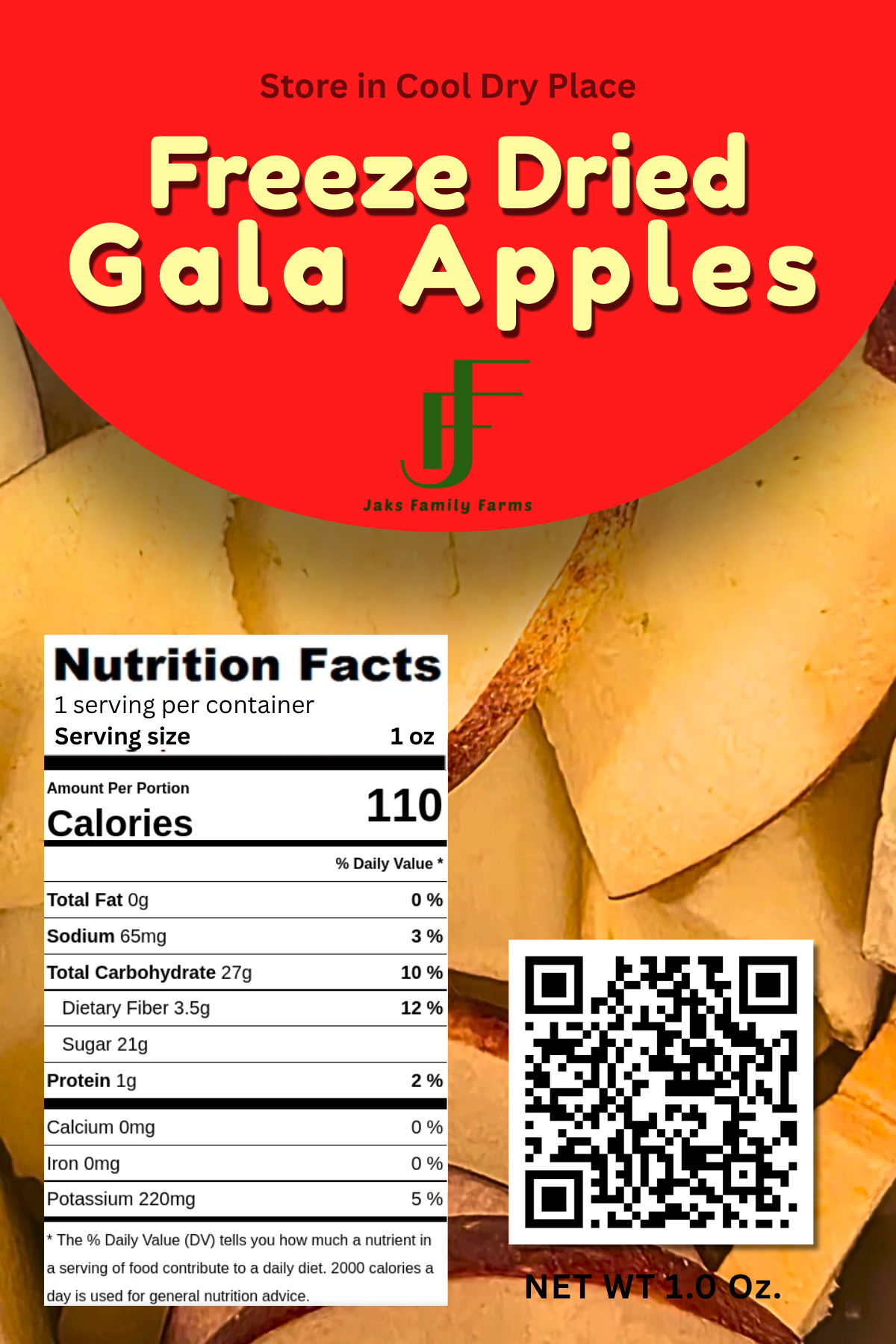Packaging of freeze-dried Gala apples with nutrition facts