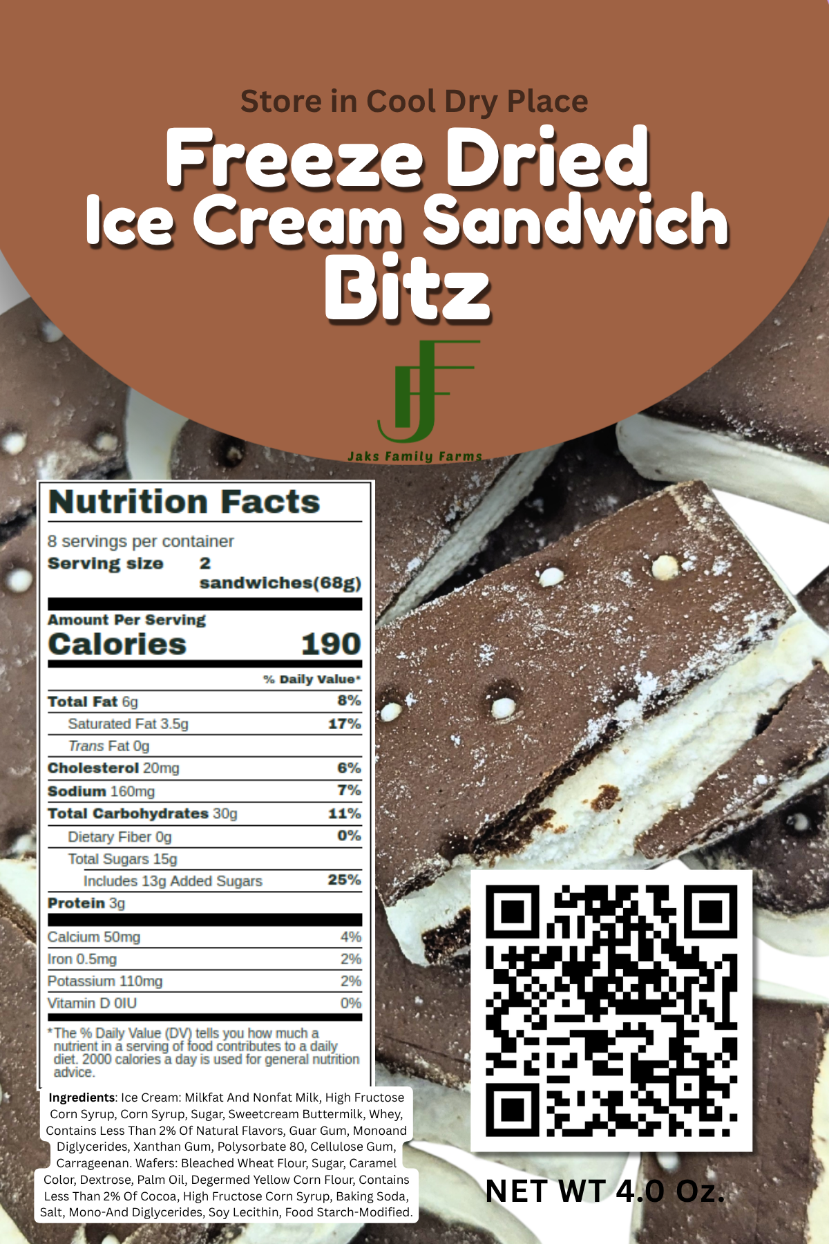A product label for Freeze Dried Ice Cream Sandwich Bitz by Family Farms. The label features a brown header with white text, a close-up photo of chocolate-covered ice cream sandwich bites with sprinkles, a nutrition facts panel, and a QR code.