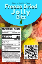 Label for freeze-dried Jolly Bitz with nutritional information