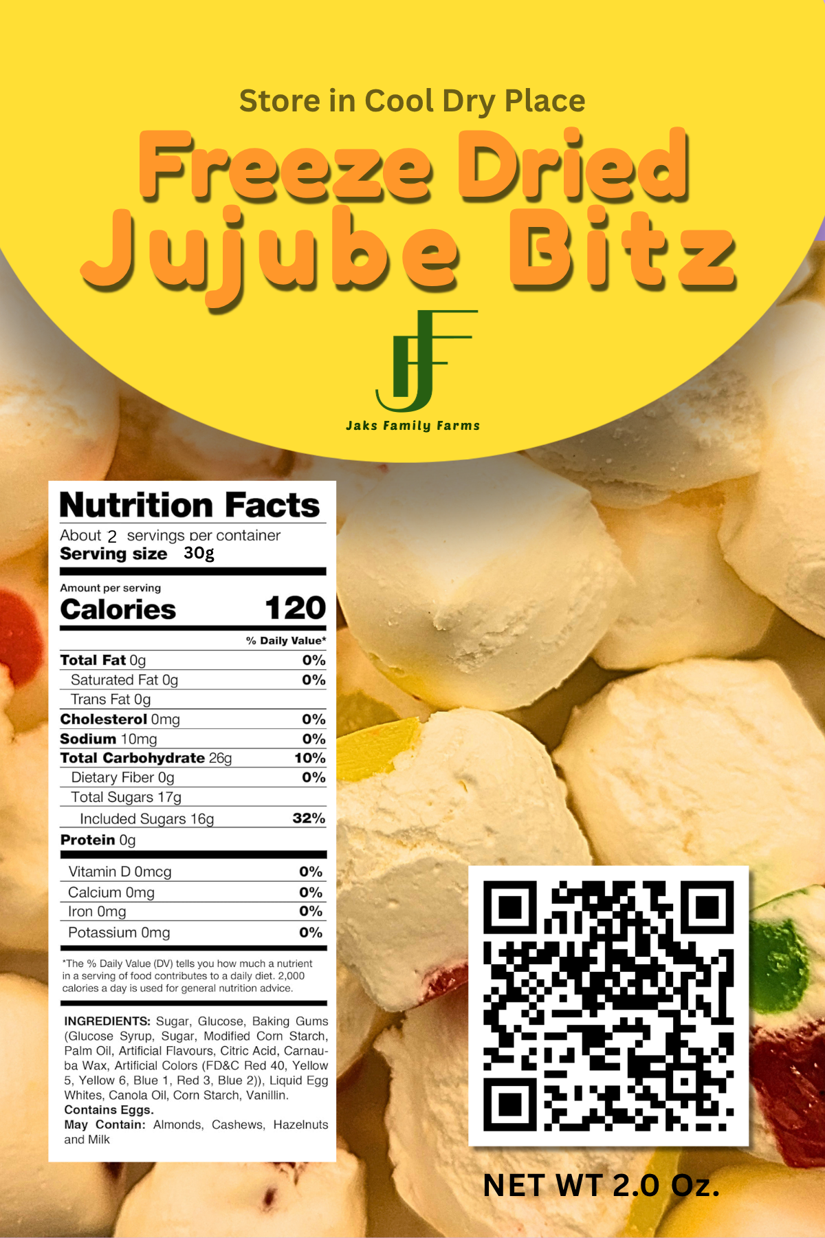 Packaging of Freeze Dried Jujube Bitz with nutritional information and QR code 