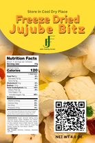 Packaging for Freeze Dried Jujube Bitz with a nutrition label and a QR code
