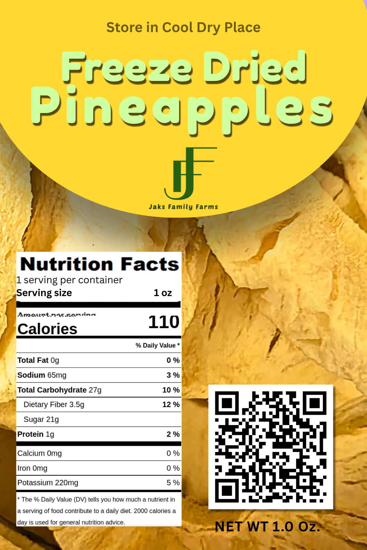 Package of freeze-dried pineapples with nutrition facts label