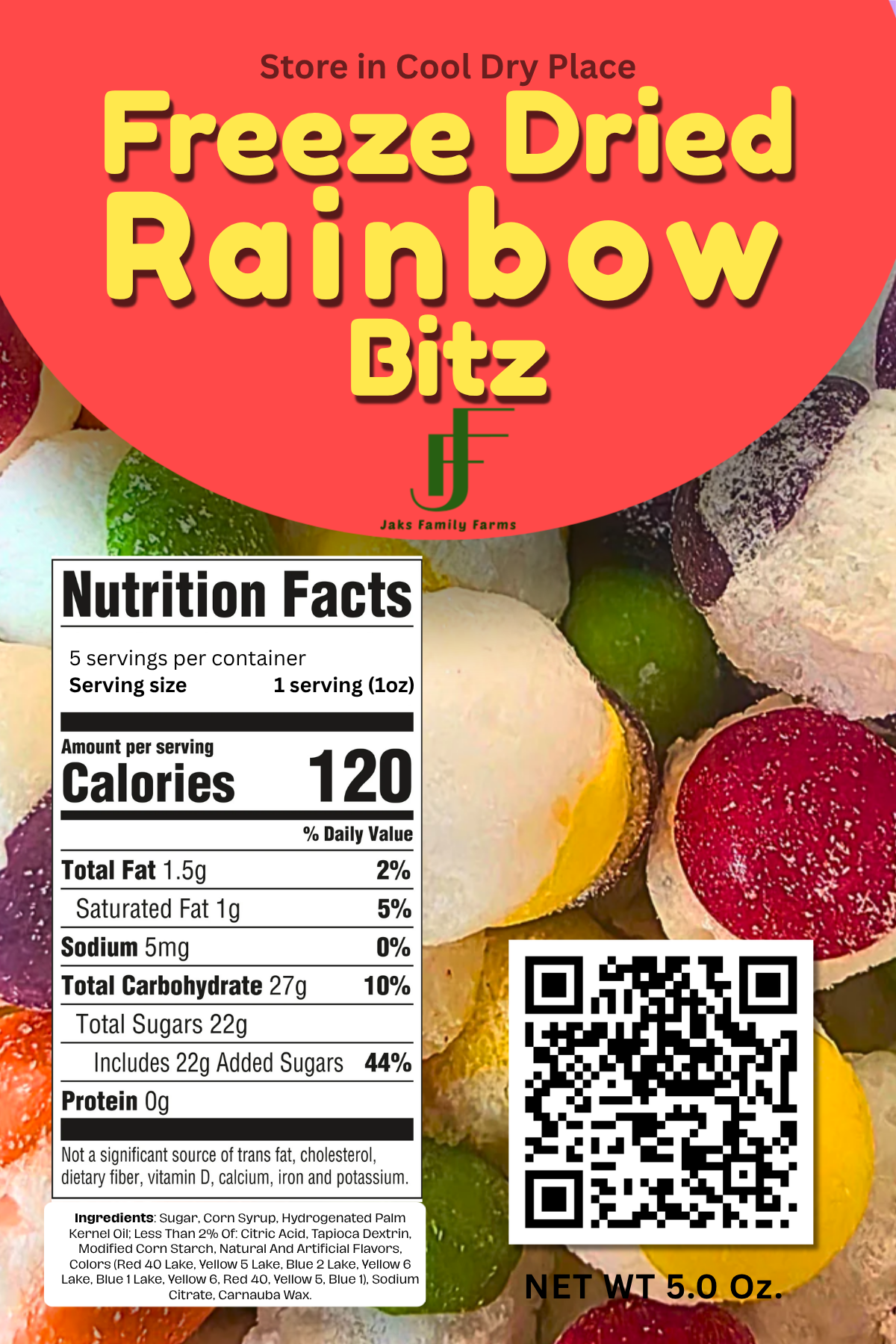 Packaging of freeze-dried rainbow bitz with nutrition facts label and QR code.