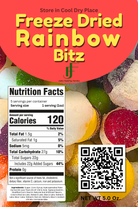 Packaging of freeze-dried rainbow bitz with nutrition facts label and QR code.