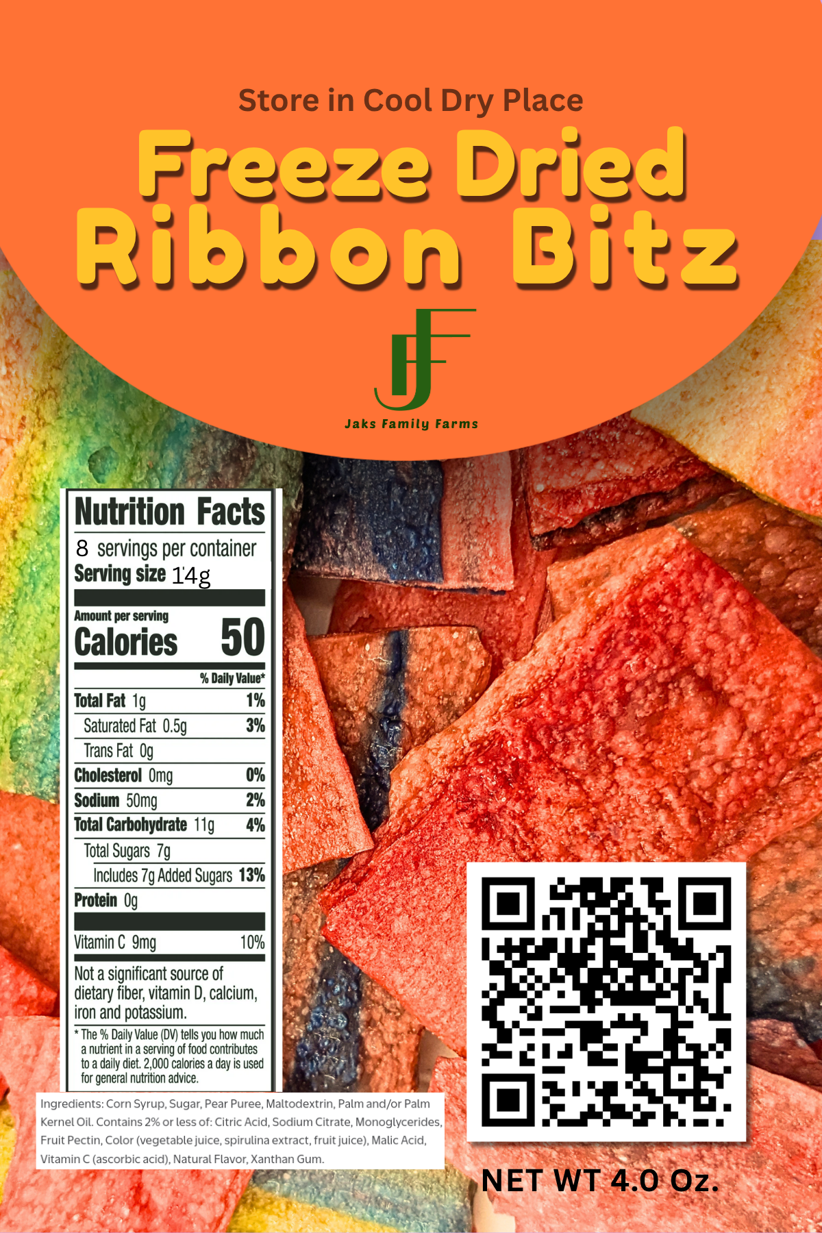 Front packaging panel for Johnake Farm Farms Freeze Dried Ribbon Bitz, featuring a bright orange header with yellow text, a nutrition facts label, a QR code, and a close-up photo of freeze-dried reddish-brown ribbon bits.