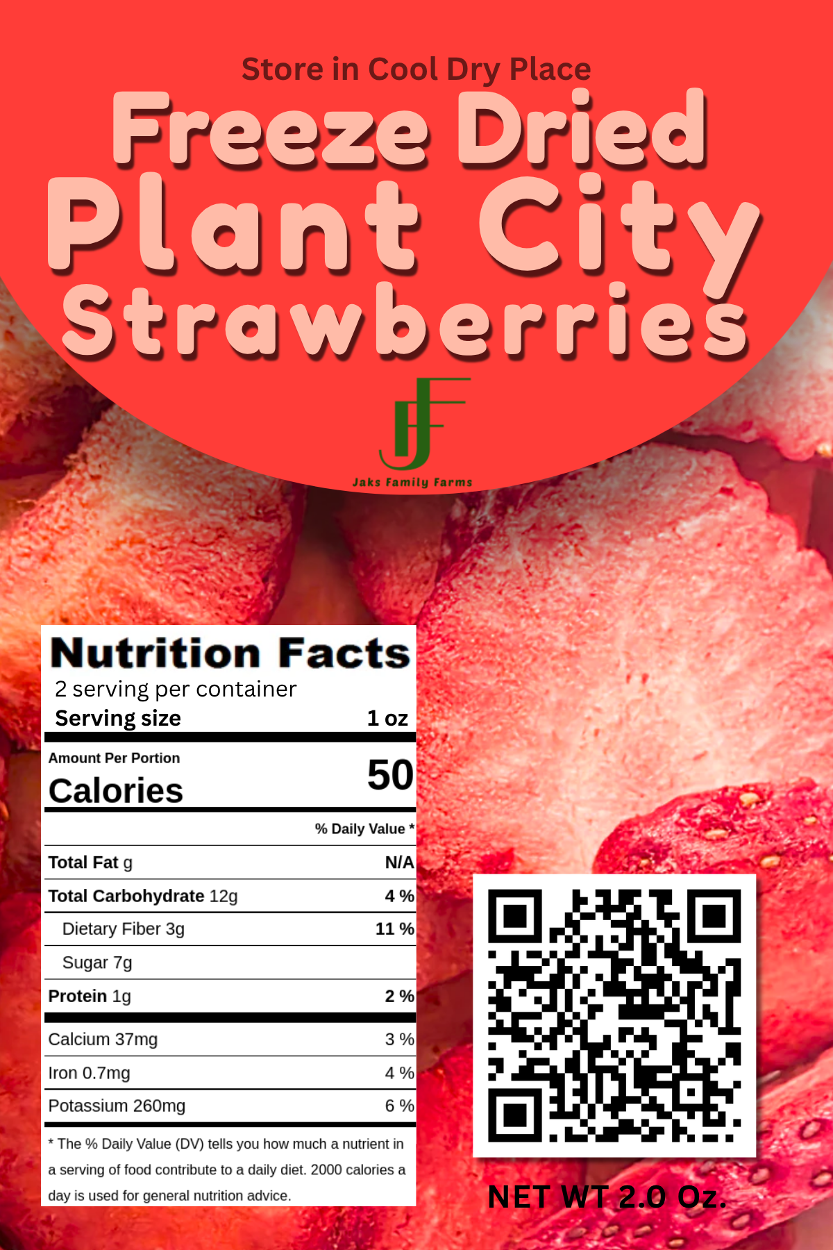 Label for Freeze Dried Plant City Strawberries with nutrition facts and QR code on a red background