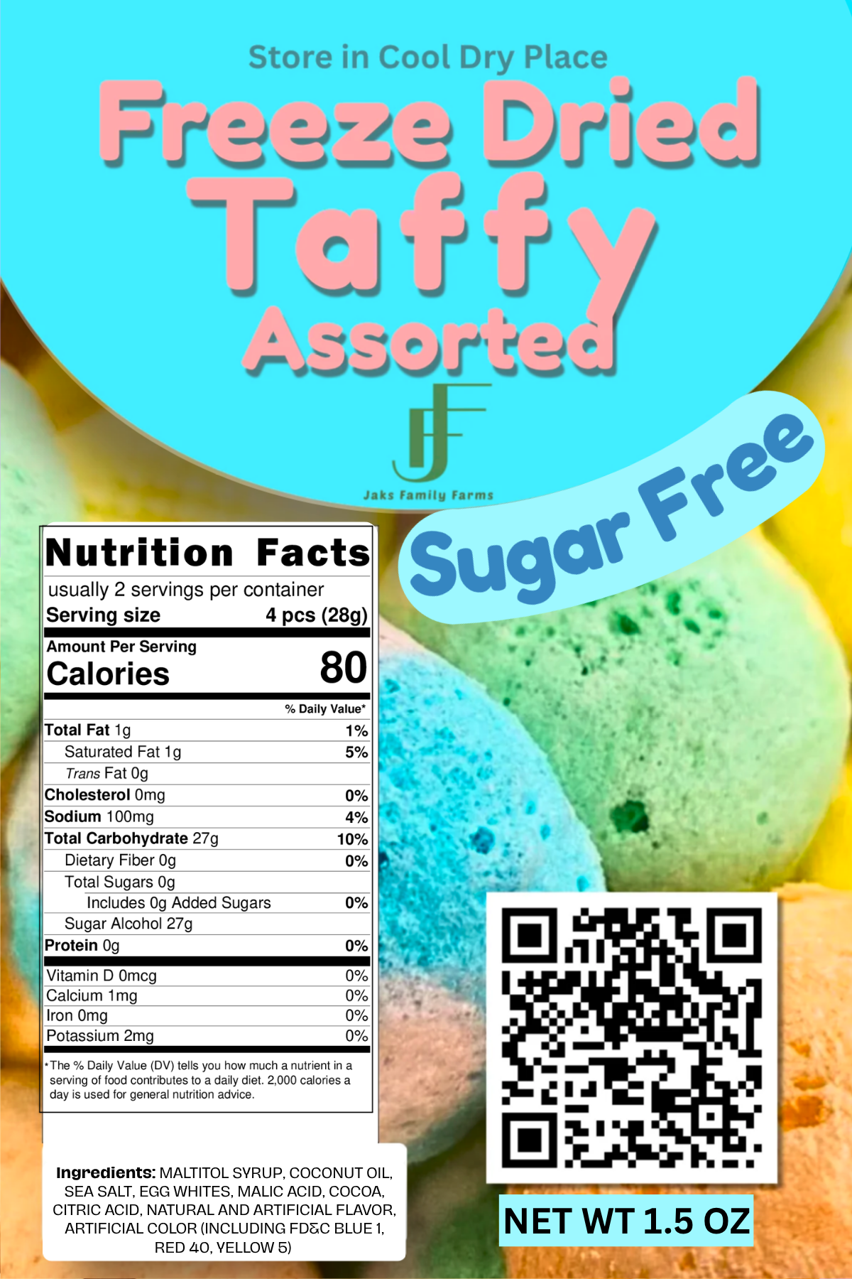 Label for freeze-dried taffy assorted  sugar free with nutrition facts and QR code.