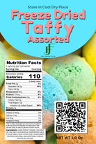 Freeze dried taffy package with colorful taffy pieces and nutrition facts label.